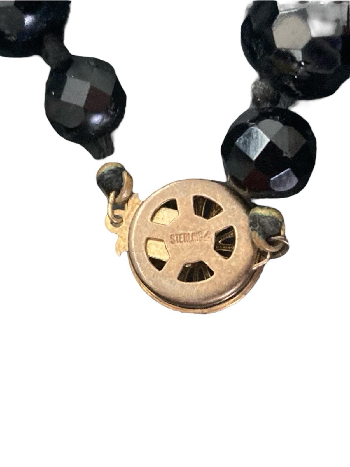 Victorian Sterling Silver Clasp Faceted Black Whitby Jet Mourning Glass Necklace
