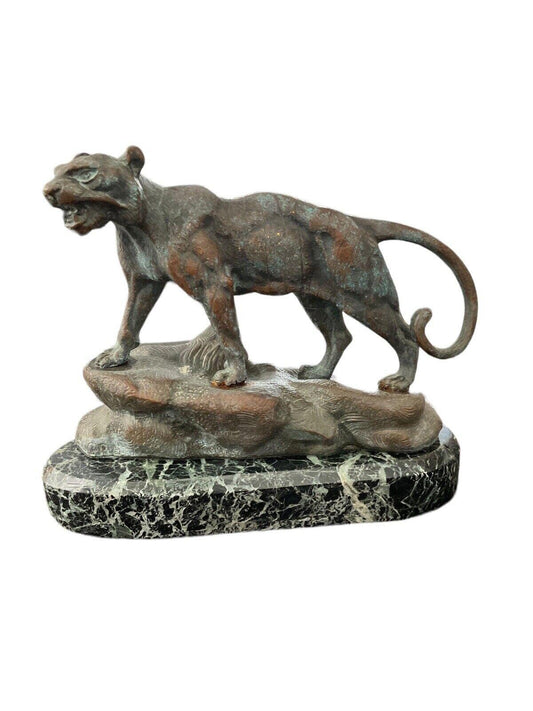 19th Century Bronze Tiger Sculpture On Marble Base Louis Theophile Hingre